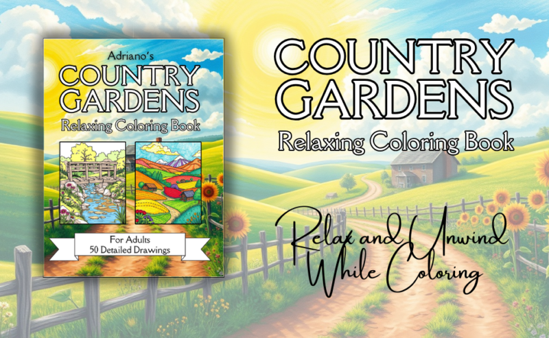 Country Gardens Relaxing Coloring Book For Adult