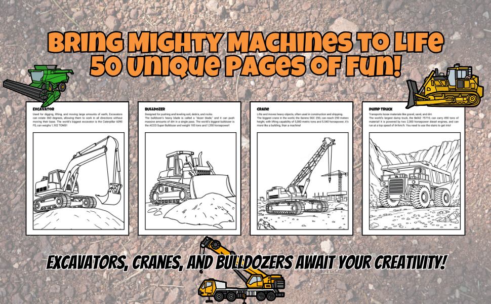 Bring Mighty Machines to Life — 50 Unique Pages of Coloring Fun!