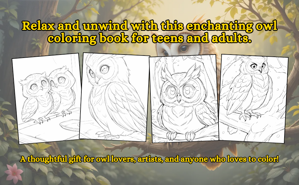 Relax and unwind with this enchanting owl coloring book for teens and adults.