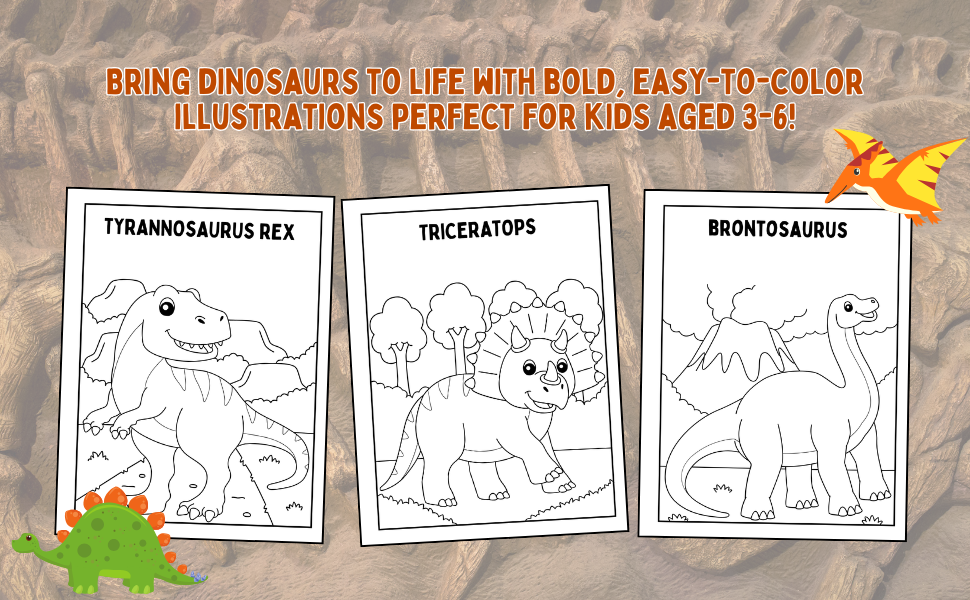 Bring dinosaurs to life with bold, easy-to-color illustrations perfect for kids aged 3-6!